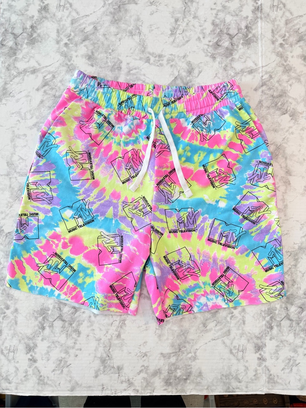 MTV Tie-Dye Logo Drawstring Shorts - Pink, Blue, Yellow, Green